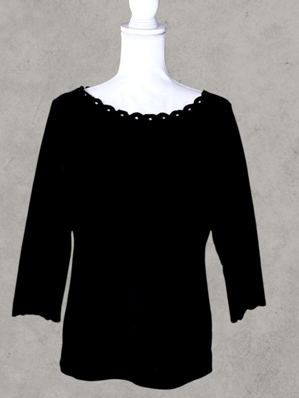 Talbots Black Scalloped Neck Long Sleeve Top Women's Large Elegant Career